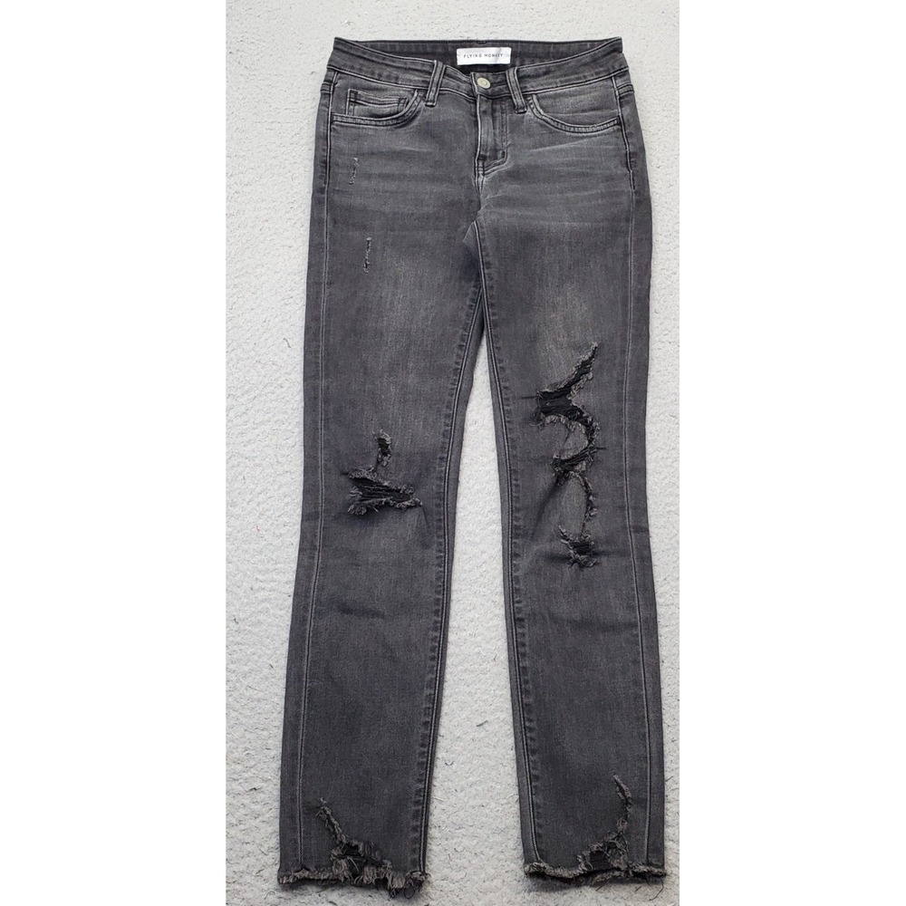 Flying Monkey Jeans Womens 24 Gray Denim Distressed Comfort Skinny Leg Raw Hem